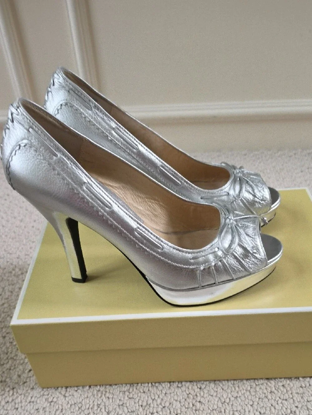 Michael Kors Metallic Silver Peep-Toe Heels with Bow Detail